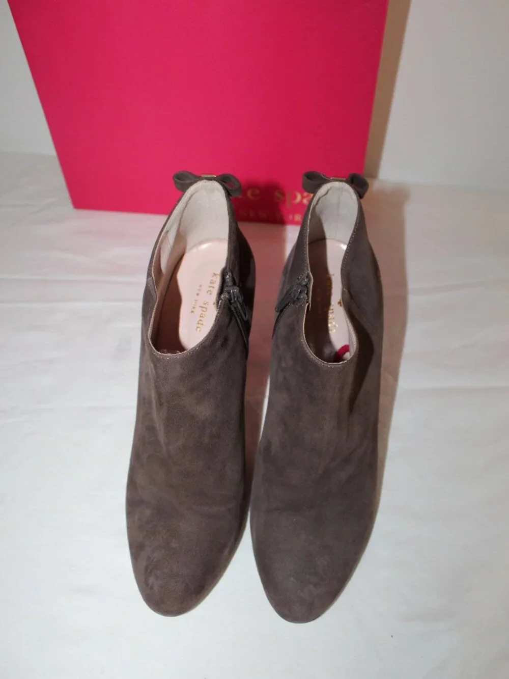 Katee Sppade Netta Dark Taupe Suede Leather Side Zip Booties 10